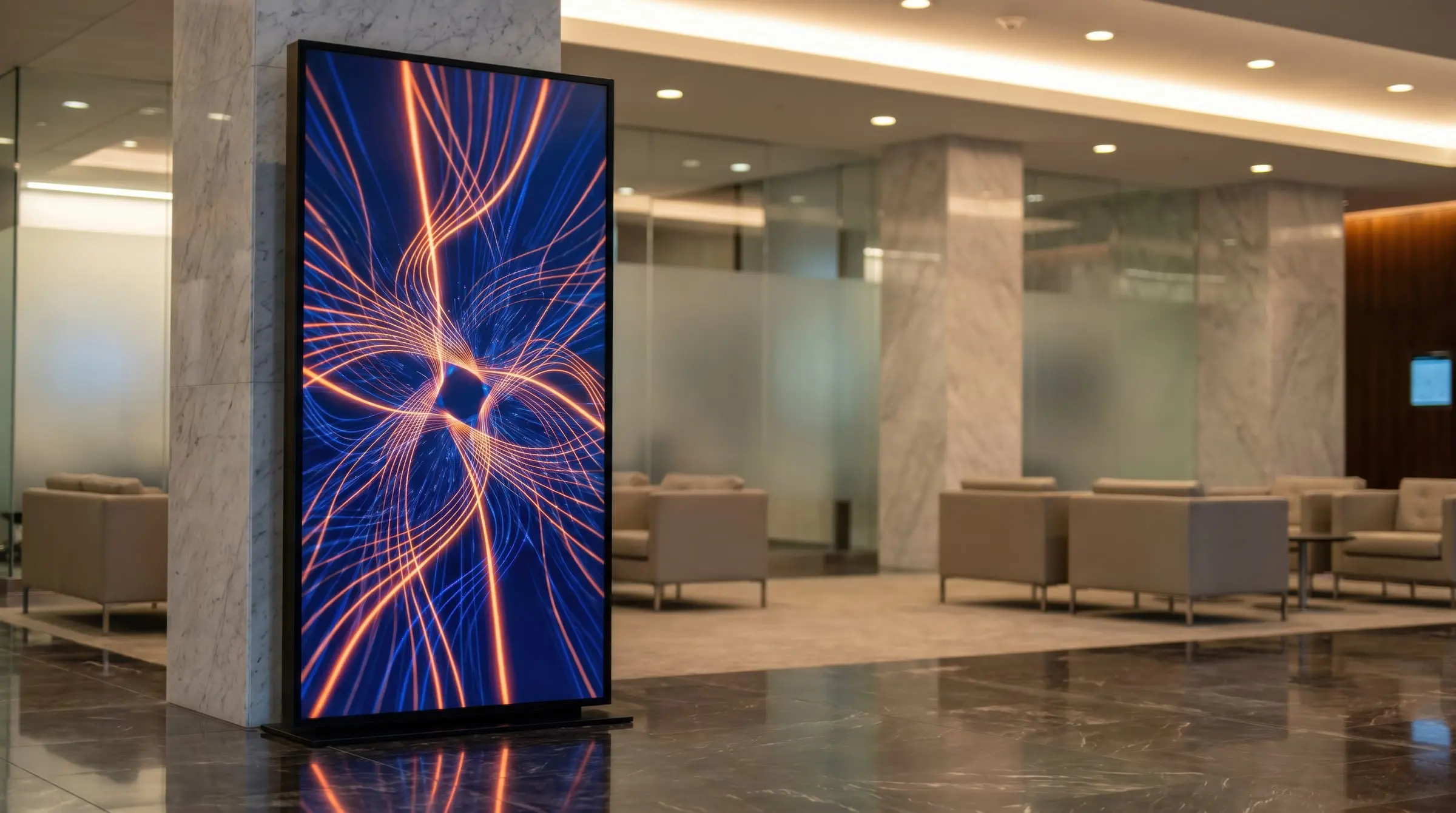 Freestanding portrait digital signage display in a marble office lobby